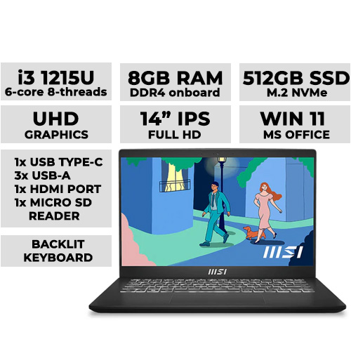 MSI Modern 14 C12MO-893PH (Classic Black) Laptop 14" IPS | i3-1215U | 8GB DDR4 | 512GB NVMe | UHD Graphics